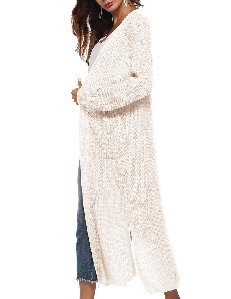 Kistore Womens Long Maxi Cardigan Open Front Cardigan Slit Sweater Casual Loose Elegant Winter Autumn Rib Knitted Coat White-Cream - Image 3